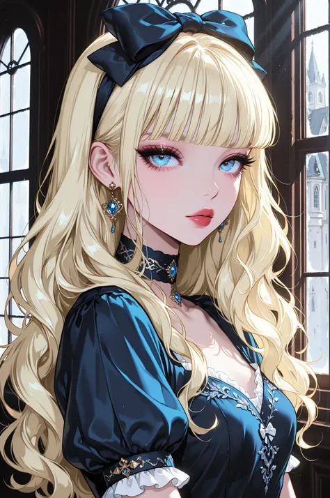 best quality, amazing quality, very aesthetic, absurdres,1girl, solo, long hair, blue eyes, looking at viewer, bangs, short sleeves, puffy sleeves, blonde hair, bow, blunt bangs, puffy short sleeves, hair bow, upper body, dress, eyelashes, jewelry, earring...