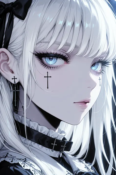 1girl, cross earrings, looking at viewer, close-up, close-up of the face, split hair, black and white hair, long eyelashes, moonlight, partially illuminated, pale skin, blue eyes, crosses under the eyes, white collar, black bow on the collar