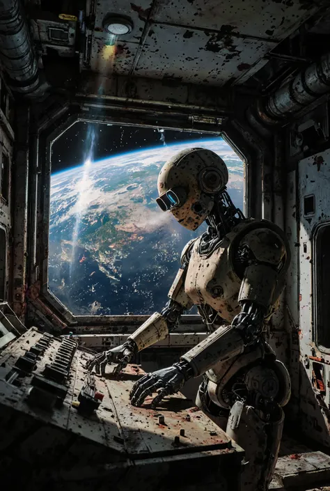 A single, weathered service robot, its optics dim, still tends to a dead control panel on an abandoned space station. A single beam of Earthlight from a viewport illuminates the robot, highlighting the dust on its chassis. Outside, the distant Earth is the...