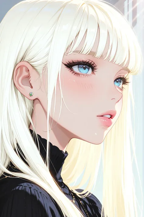 1girl, solo, jewelry, earrings, bangs, blue eyes, portrait, blonde hair, blunt bangs, parted lips, lips, eyelashes, long hair, sunlight, white hair, stud earrings, shadow, blush