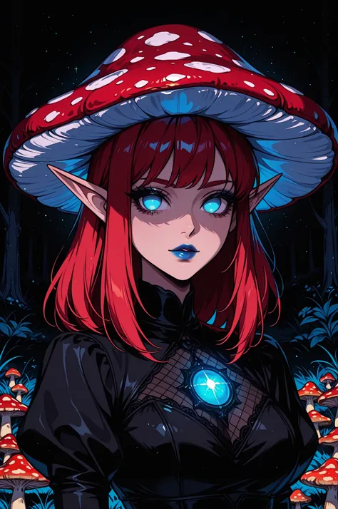 1girl, black dress, blue eyes, no pupils, stands in a mushroom field, portrait, looking at viewer, blue lipstick, glowing, red hair, mushroom hat, elf ears, dark theme