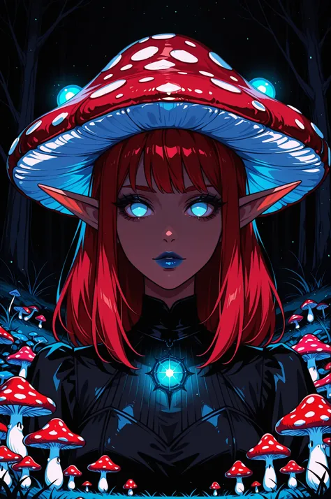 1girl, black dress, blue eyes, no pupils, stands in a mushroom field, portrait, looking at viewer, blue lipstick, glowing, red hair, mushroom hat, elf ears, dark theme