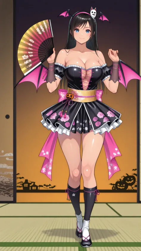 , ,perfect anatomy,masterpiece, Highest Quality, very aesthetic, Ridiculous, (Pyromyz (artist):0.4),,,1girl, kokoro (doa),kokorohalloween, black dress, hair orgment,a pair of devil wings on headband,,,  Pink ribbon ,,off-shoulder,(,a pair of devil wings on...