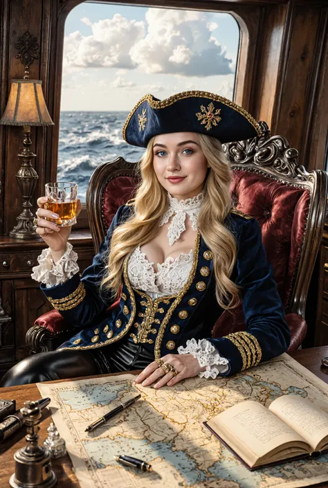 Cinematographic style, inside the captain’s cabin of a 19th century Victorian era British warship, a very beautiful female pirate captain with long flowing light golden hair leans lazily on an ornate antique captain’s chair, holding a crystal glass of whis...
