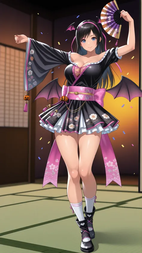 , ,perfect anatomy,masterpiece, Highest Quality, very aesthetic, Ridiculous, (Pyromyz (artist):0.4),,,1girl, kokoro (doa),kokorohalloween, black dress, hair orgment,a pair of devil wings on headband,,,  Pink ribbon ,,off-shoulder,(,a pair of devil wings on...