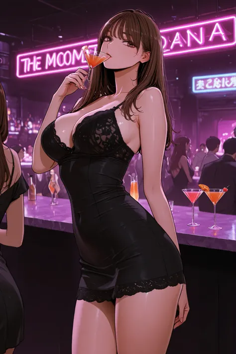  Masterpiece,top quality, delicate face, pretty face, brown hair,  Natural Look,(( Beautiful Gunbari Jeong Su-ah wearing a lace bra )), bright, Light brown eyes, ((( black mini dress ))), slightly dim lighting, slightly glamorous body, little bit curvy bod...