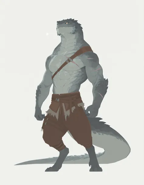 masterpiece, best quality, amazing quality, very aesthetic, absurdres, newest, scenery, extreme detail, 8k, dnd, anthro lizard, detailed eyes, yellow eyes, lizardfolk, male, scalie, hunk, gray body, strong hands, black back, solo, bara, detailed skin, scar...