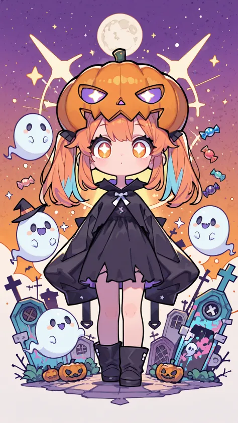Cute ghost, fullbody, chibi, pastel orange and white colors, pumpkin, surrounded by candy and stars, Graffiti Art Style Background, pop and colorful, soft lighting, Halloween theme, (beautiful lighting effects:1.1), long eyelashes, (Sensual eyes, feature ...