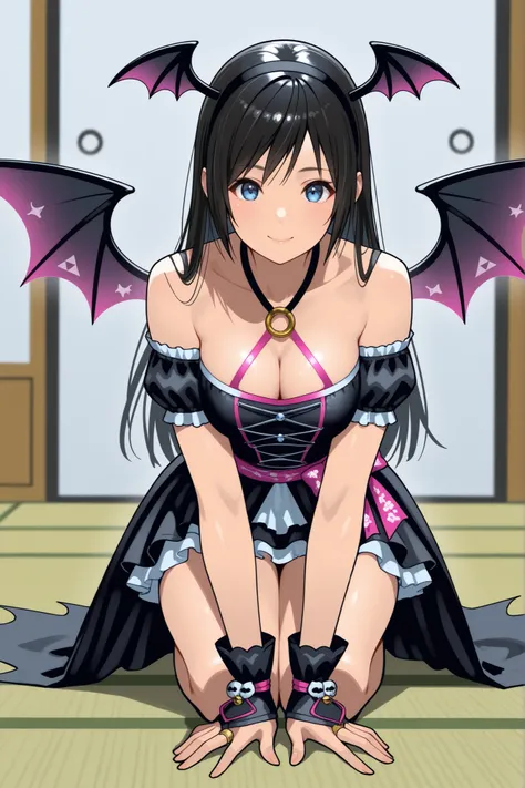 , ,perfect anatomy,masterpiece, Highest Quality, very aesthetic, Ridiculous, (Pyromyz (artist):0.4),,,1girl, kokoro (doa),kokorohalloween, black dress, hair orgment,a pair of devil wings on headband,,,  two Pink ribbon accessories at the both side of waist...