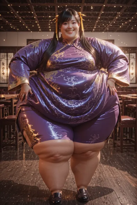 1girl, solo, masterpiece, best quality, full body, smile, hyper fat, hyper obese, Ling Xiaoyu, long hair, black hair, twin tails, brown eyes, Asian, shirt, long sleeves, hair ornament, ribbon, hair ribbon, open clothes, shorts, open jacket, purple jacket, ...