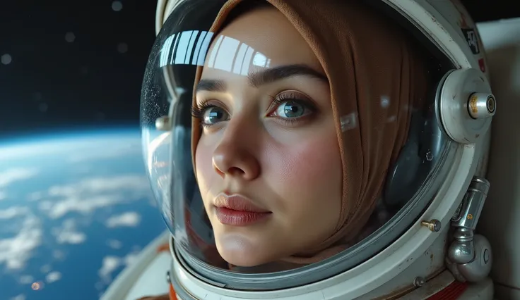 Ultra-realistic cinematic close-up portrait of a woman wearing a soft hijab tucked neatly under a sleek astronaut helmet.  
Her face is visible through the visor, softly illuminated by the pale glow of the Earth behind her.  
Her eyes are like polished mir...