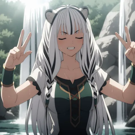 Atla from "The Rise of the Shield Hero." Her long white hair with black highlights, like the fur of a white tiger, white tiger ears, closed eyes, pink skin with great detail, animal ears, curvaceous figure, wears a white and green Atla outfit, and has larg...