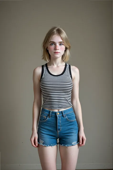 A (gorgeous young woman:1.4) standing in front of a grey background, studio photoshoot, in perfect lighting, frontal portrait, 3/4 shot, centered framing, neutral background, minimalism.
(Dirty blonde hair:1.4), (perfect hair:1.3), shinny hair, (parted ba...