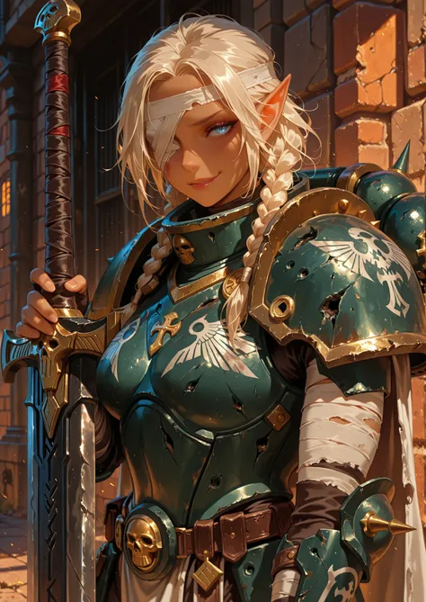 Warhammer 40k, 1girl, solo, dark elf, dark skin, platinum blonde hair, two braids, blue eye, bandaged eye, bloodied bandages, holding an amazing ornate greatsword on her shoulder, smirk, full space marine armor, standing by a damaged brick wall, close up, ...