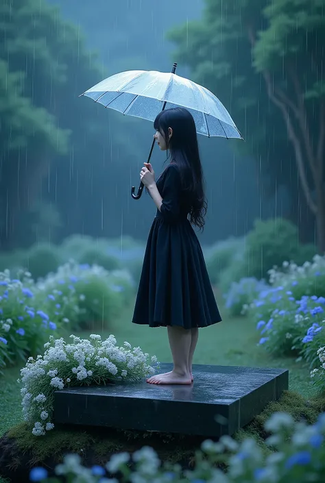 masterpiece, Highest Quality, great quality,  A very aesthetic ,ultra high definition, Beautiful Details, Shimmer, Depressing, A lonely farewell ceremony, Just One Girl, Standing on a tomb, The tomb is decorated with white and blue flowers, light rain, hol...