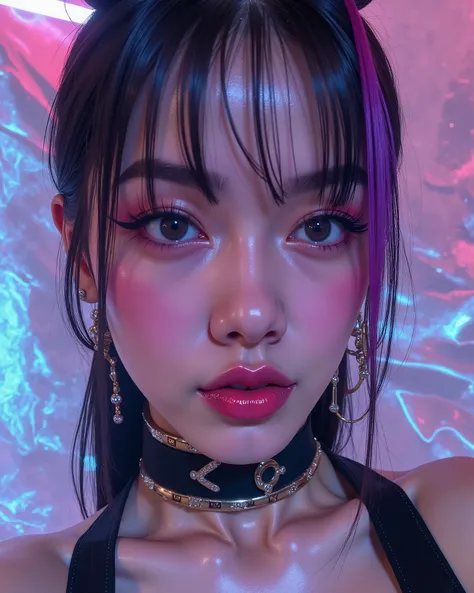 80’s glam rock makeup on shiny android face, look like asian muscle pretty idol, anime, 2.5D, Glittery face, moody lighting, (purples, pinks, and blues), iridescent face, abstract ai model, pretty, sexy, minimal, sleek, slender, asian, elegant, chic, futur...