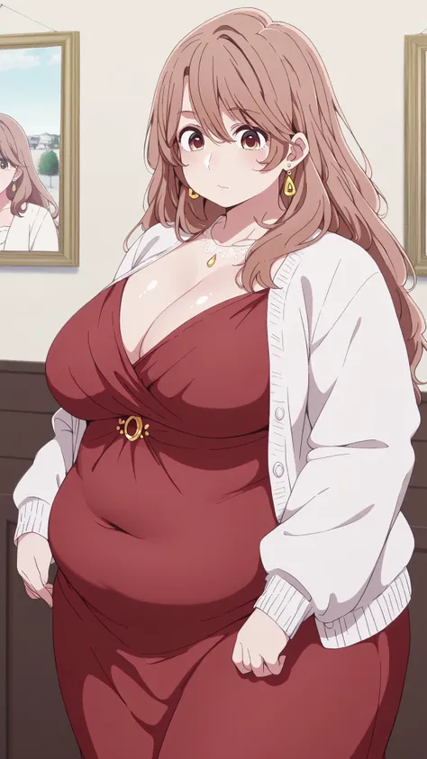 fat,chubby,plump,WeightChubby,masterpiece, mejor calidad, professional photograph, Miyako Saitou EXACT, long brown hair REQUIRED DO NOT CHANGE, thoughtful brown eyes, Elegant mature woman, tight red dress with neckline, long sleeve white cardigan, Shiny J...