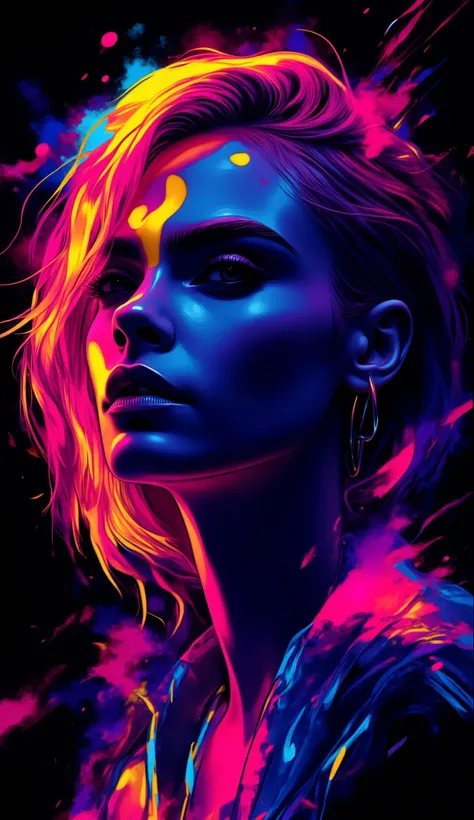 Cara delevigne ,,neon_art, Inkpunk Anime,  volumetric dark colorful splash in a shape of a female cyborg halfprofile contour, natural human face, sharp facial features and jawline mixed dark colors, neon_art, Dark colors background, desktop wallpapper styl...