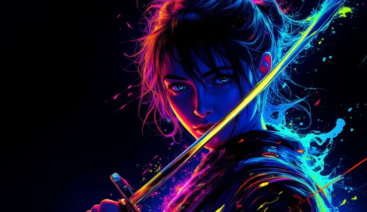 rebecca ferguson,aidmamj6.1,Anime style,neon_art, Inkpunk Anime,medium shot of samurai woman, silhuette,  volumetric dark colorful splash in a shape of a female samurai full body shot contour, natural human face and body, sharp facial features and jawline ...