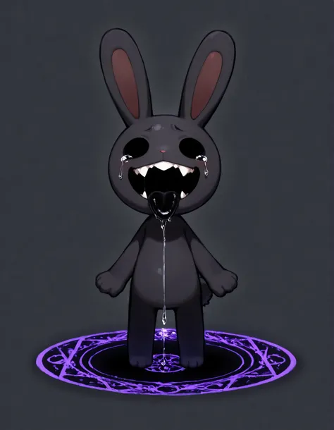 Solid black eyes, no eyes, eyes stay open, mouth opens wide, slowly waving, hip sway, hand stays up, long black tongue, black dripping ichor, very slow drip, small saliva, black tears, very small saliva, very subtle jiggle, moving background, summoning ci...