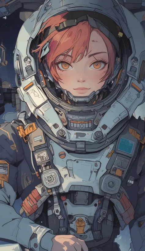 空を飛ぶSpace Suitを着た女性の漫画イラスト, girl In space, Molly in space , In space, Portrait anime space cadet girl, outer space, flying In space, female astronaut, Space Travel, Space Suit, In spacesuit, is flying through space, Rory Gracley style, with a space suit on...