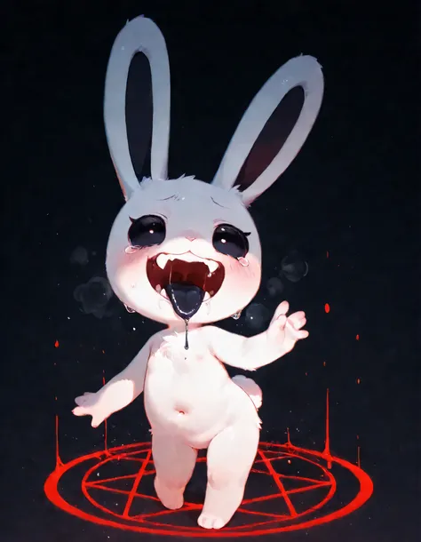 Solid black eyes, no eyes, eyes stay open, mouth opens wide, slowly waving, hip sway, hand stays up, long black tongue, black dripping ichor, very slow drip, small saliva, black tears, very small saliva, very subtle jiggle, moving background, summoning ci...