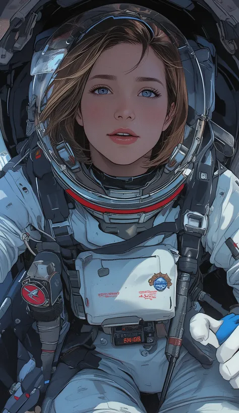 空を飛ぶSpace Suitを着た女性の漫画イラスト, girl In space, Molly in space , In space, Portrait anime space cadet girl, outer space, flying In space, female astronaut, Space Travel, Space Suit, In spacesuit, is flying through space, Rory Gracley style, with a space suit on...