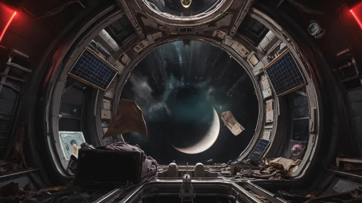 Derelict orbital habitat with Earth's crescent visible through a cracked observation dome, emergency lights casting red glow across abandoned living quarters. Personal belongings float weightlessly - a photograph, a coffee mug, playing cards - telling stor...