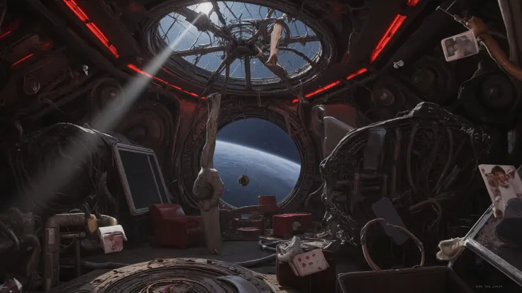 Derelict orbital habitat with Earth's crescent visible through a cracked observation dome, emergency lights casting red glow across abandoned living quarters. Personal belongings float weightlessly - a photograph, a coffee mug, playing cards - telling stor...