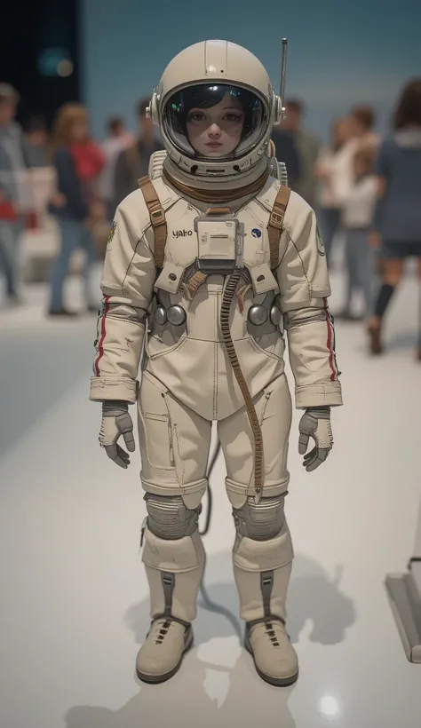 A small figure is placed in the center of the white surface, is cleverly made to imitate a spacesuit. The costume is cream colored、There are fine red and blue stripes running along the arm, adding thoughtful introspection. There are brown accents on the fr...