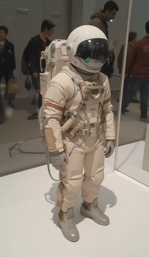 A small figure is placed in the center of the white surface, is cleverly made to imitate a spacesuit. The costume is cream colored、There are fine red and blue stripes running along the arm, adding thoughtful introspection. There are brown accents on the fr...