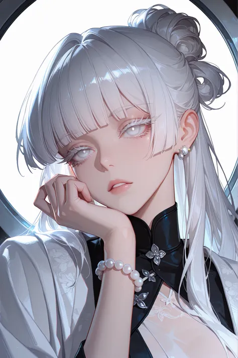 (masterpiece), best quality, expressive eyes, perfect face, jewelry, long hair, hair bun, bracelet, shinayutadef, thick eyelashes, grey eyes, white eyes, white hair, beads, blunt bangs, blue eyes, earrings, 1girl, solo,