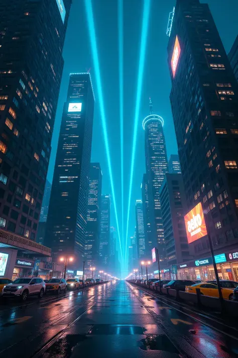 Future city night view，High-rise buildings surrounded by data beams，Technological exterior，Hologram projection advertising，Cyberpunk style lighting，Futuristic architectural design，Technological urban atmosphere