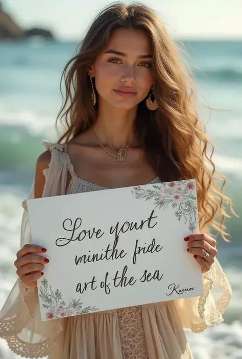 a beautiful girl with long wavy hair，wearing a bohemian dress，holding a white board with the words “I Love SeaArt Infinity” written on it，Also show the audience