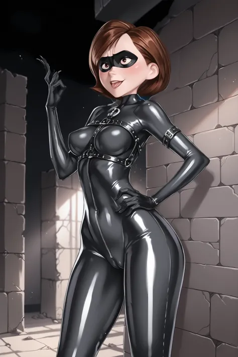 Helen Parr, Elastigirl. Brown hair. Black eye mask. Sarcastic smile. Glossy. Black costume. Leather bodysuit. Spiked accessories. Metal armor. Leather harness. Latex gloves. Perky breasts. Slender body. Large waist. Detailed thighs. Crotch tattoo. Cameltoe...