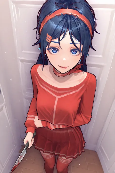 Miside, Mita crazy in her classic red outfit she is standing looking at the viewer with an evil face and a provocative pose she is holding a knife all in blood extremely detailed image 