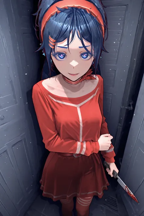 Miside, Mita crazy in her classic red outfit she is standing looking at the viewer with an evil face and a provocative pose she is holding a knife all in blood extremely detailed image 