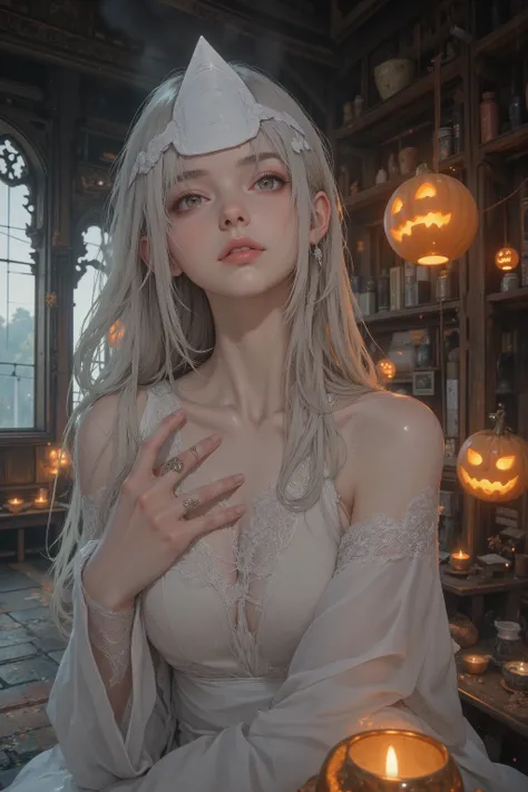 A breathtakingly beautiful female ghost in a haunted Japanese-gothic castle on Halloween night, ethereal and enchanting. Moonlight streams through cracked stained glass, soft mist drifting along stone floors, faint will-o’-wisps glowing. She wears a tradit...