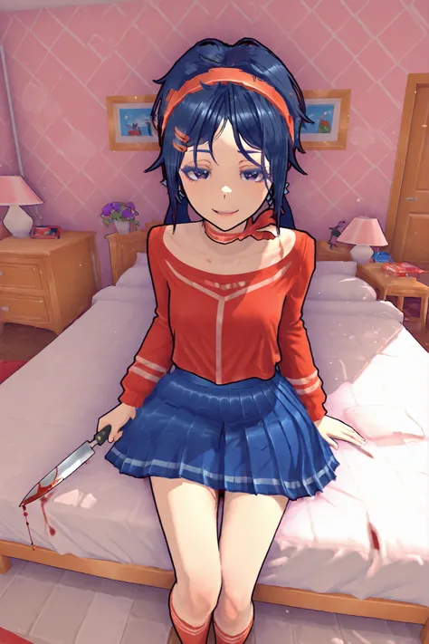 Miside, Mita crazy in her classic red outfit and blue skirt she is sitting on the bed cross-legged looking at the spectator with a naughty face and a provocative pose she is holding a knife all in blood, Scenery in her bedroom in Miside extremely detailed ...