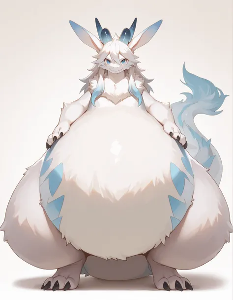 full body, furry, dragon, wide bottom, heavy bottom, wided legs,short digitigrade leg, giant pearshape body, no nipple,detailed face, 4k ultfigurelity, (4k half body view:1.0),ultra high detailed body,feral dragon,white fur,blue eyes,white belly fur,white ...