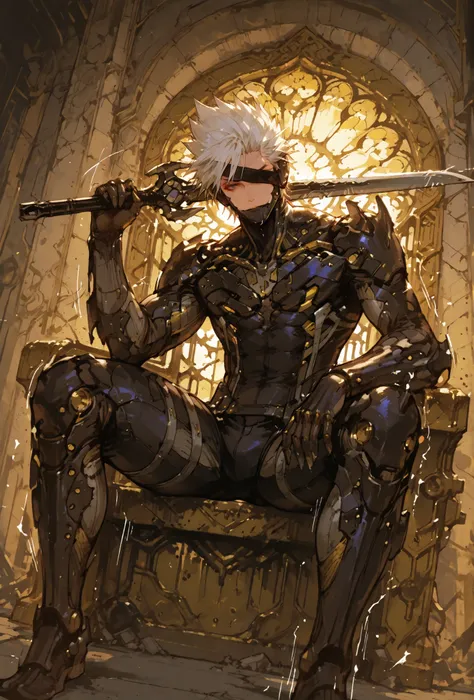,Raiden,MGR, siting in a metal throne, holding a metal sword, Def, male focus, muscular male, white hair, spiked hair, short hair, cyborg, mechanical chin, bodysuit, eyepatch, one eye covered,extremely detailed,dynamic lighting,best quality,,,best quality,...