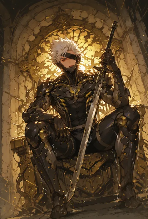,Raiden,MGR, siting in a metal throne, holding a metal sword, Def, male focus, muscular male, white hair, spiked hair, short hair, cyborg, mechanical chin, bodysuit, eyepatch, one eye covered,extremely detailed,dynamic lighting,best quality,,,best quality,...