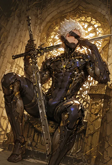,Raiden,MGR, siting in a metal throne, holding a metal sword, Def, male focus, muscular male, white hair, spiked hair, short hair, cyborg, mechanical chin, bodysuit, eyepatch, one eye covered,extremely detailed,dynamic lighting,best quality,,,best quality,...