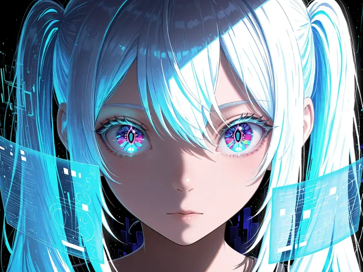 1girl,solo,Virtual youtuber,(crystal eyes:1.4),long hair,white hair,multicolored hair,Beautiful detailed eyes,expressionless,looking at viewer,(hologram:1.3),noise,cyber,holographic interface,glitch background,chromatic_aberration,dynamic angle,limited pal...