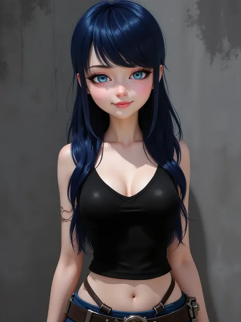 marinette Dopanchan, Anime , A very beautiful and cute 22 year old woman with a slight smile. (((Shy smile))), sharp focus on the face, (((Western eyes:1.5))), (((Extremely detailed ice-blue eyes, beautiful eyes, beautifully detailed eyes))), (((delicately...