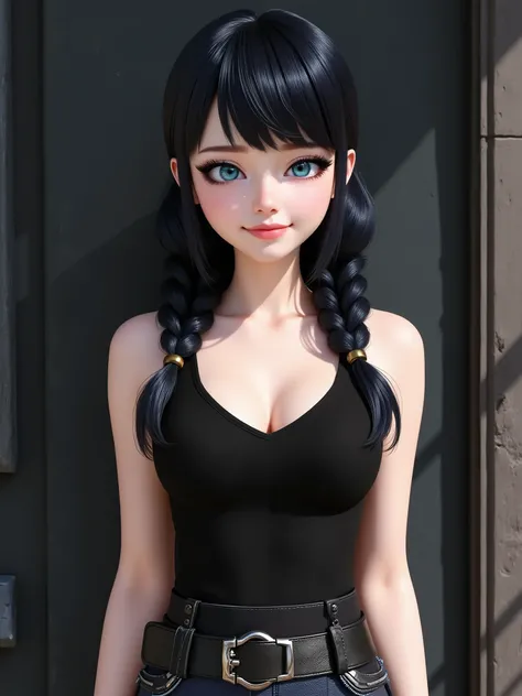 marinette Dopanchan, Anime , A very beautiful and cute 22 year old woman with a slight smile. (((Shy smile))), sharp focus on the face, (((Western eyes:1.5))), (((Extremely detailed ice-blue eyes, beautiful eyes, beautifully detailed eyes))), (((delicately...