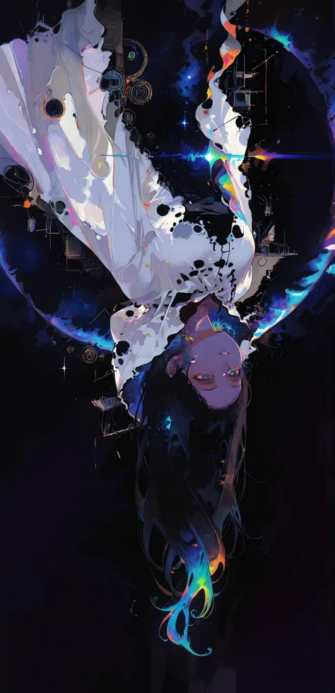 Accurate and beautiful face, Female 1 , Ghost costume, very long black hair, levitation, Upside down, (Scene of drifting in space, Space background, Black Void, Glowing Galaxy, Destroyed Spaceship), Dynamic Poses, Dynamic Angle, masterpieces, top quality, ...