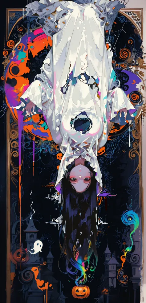 Accurate and beautiful face, Female 1 , Ghost costume, very long black hair, levitation, Upside down, halloween party background, Dynamic Poses, Dynamic Angle, masterpieces, top quality, madness, rolling around rich contrast, Delicate Texture, surrealism, ...