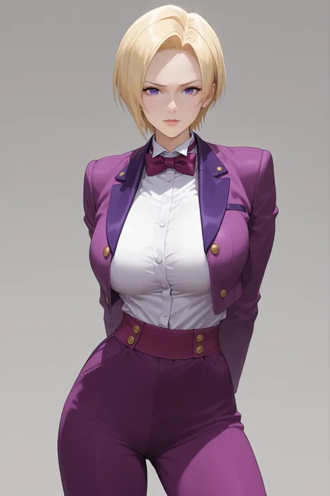 1girl, KOFKing, short blonde hair, large breasts, bowtie, purple cropped jacket, purple pants,