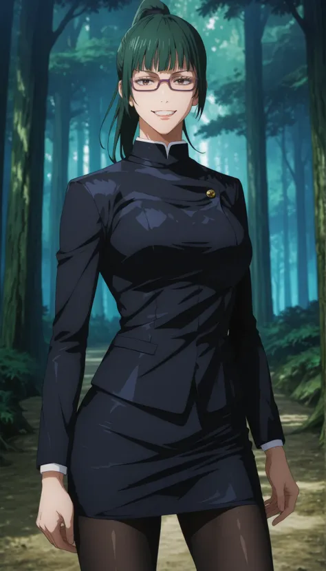 perfect composition, shadows, shading, medium full shot, anime screencap, anime coloring, very aesthetic, absurdres, zPDXL,
m2k1jk, 1girl, brown eyes, glasses, green hair, ponytail, female focus, looking at viewer, confident smile, teeth, defined lips,...